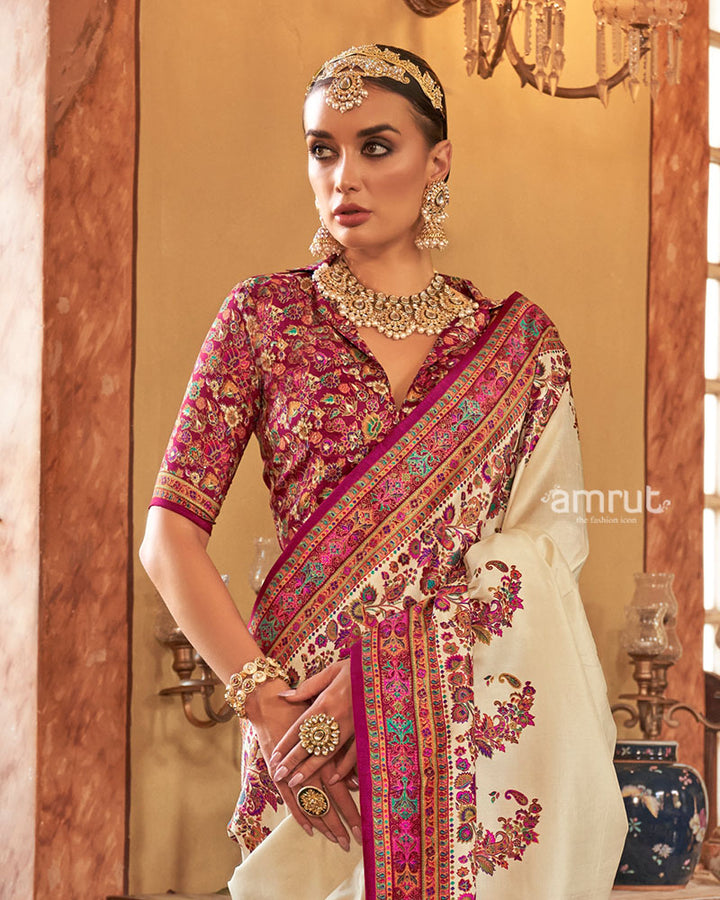 Cream Saree with Multicolored Paisley Print and Unstitched Blouse 02