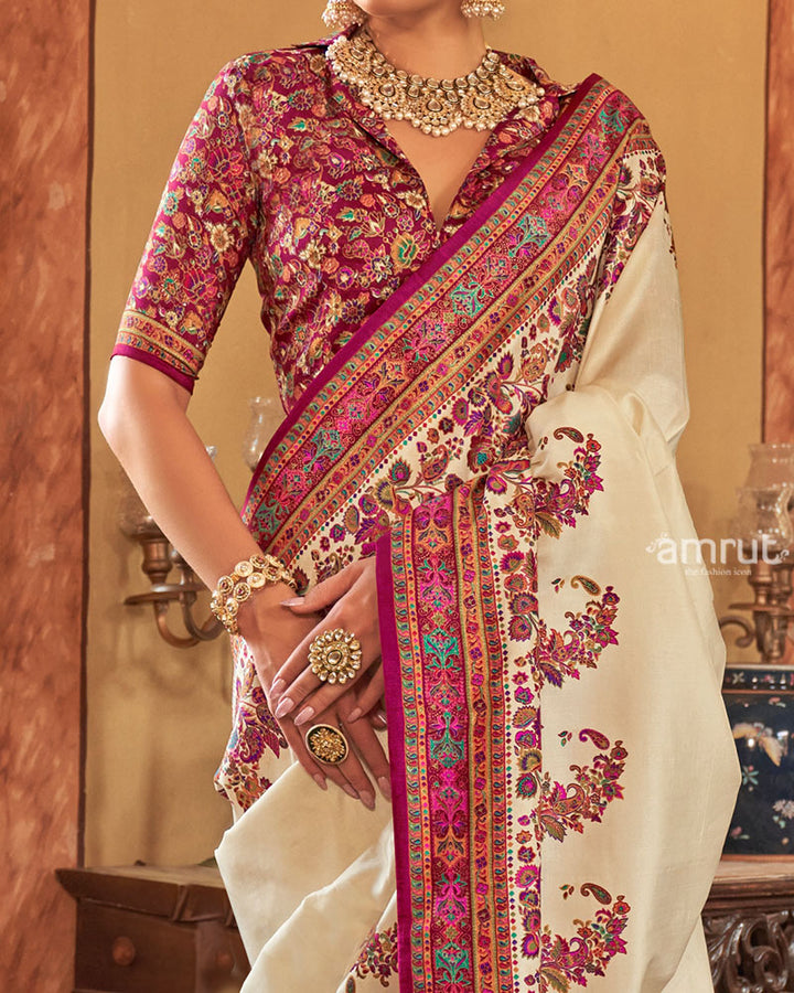 Cream Saree with Multicolored Paisley Print and Unstitched Blouse 03