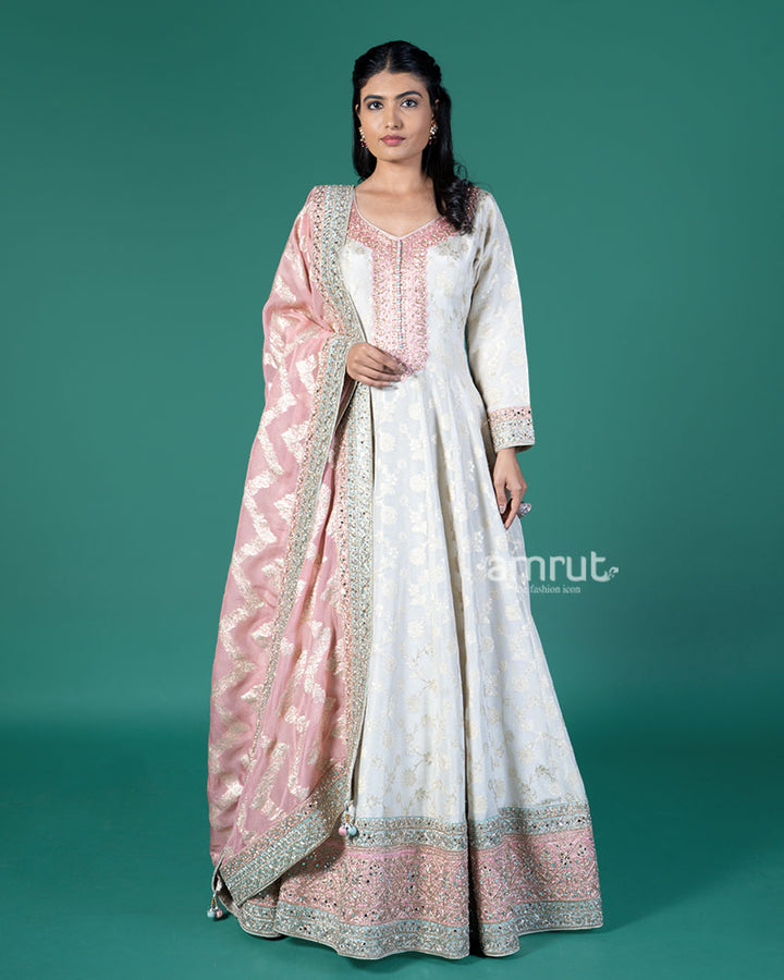 Cream Zari Embroidery Embellished Anarkali with Rose Pink Dupatta 01