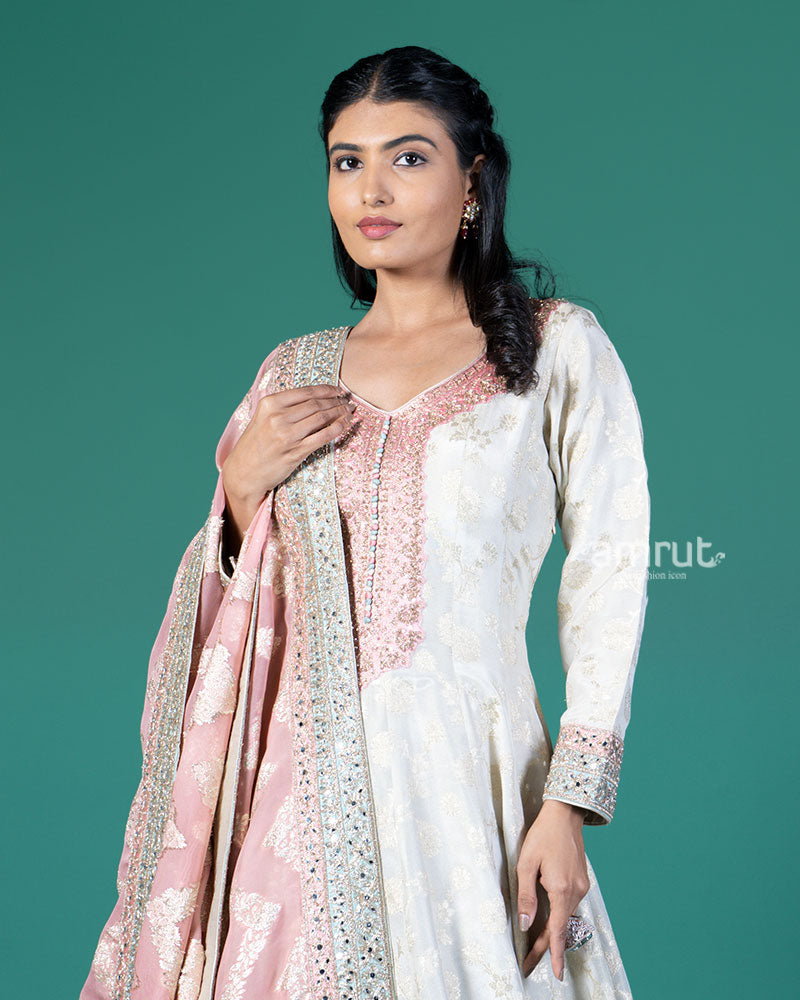Cream Zari Embroidery Embellished Anarkali with Rose Pink Dupatta 02