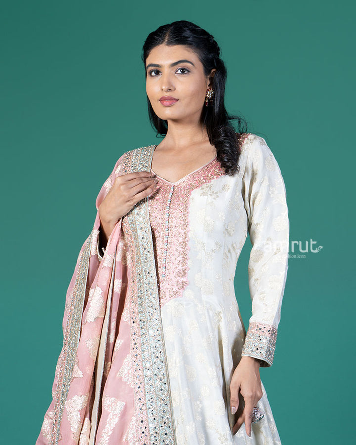 Cream Zari Embroidery Embellished Anarkali with Rose Pink Dupatta 02
