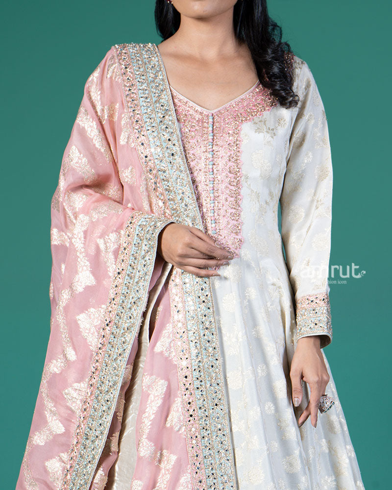 Cream Zari Embroidery Embellished Anarkali with Rose Pink Dupatta 03