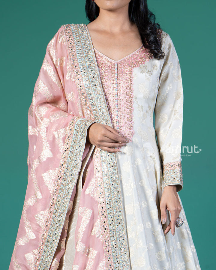 Cream Zari Embroidery Embellished Anarkali with Rose Pink Dupatta 03