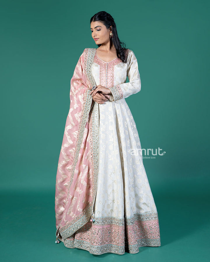 Cream Zari Embroidery Embellished Anarkali with Rose Pink Dupatta 04
