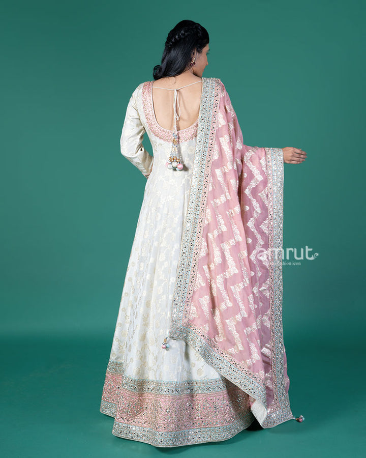 Cream Zari Embroidery Embellished Anarkali with Rose Pink Dupatta 05