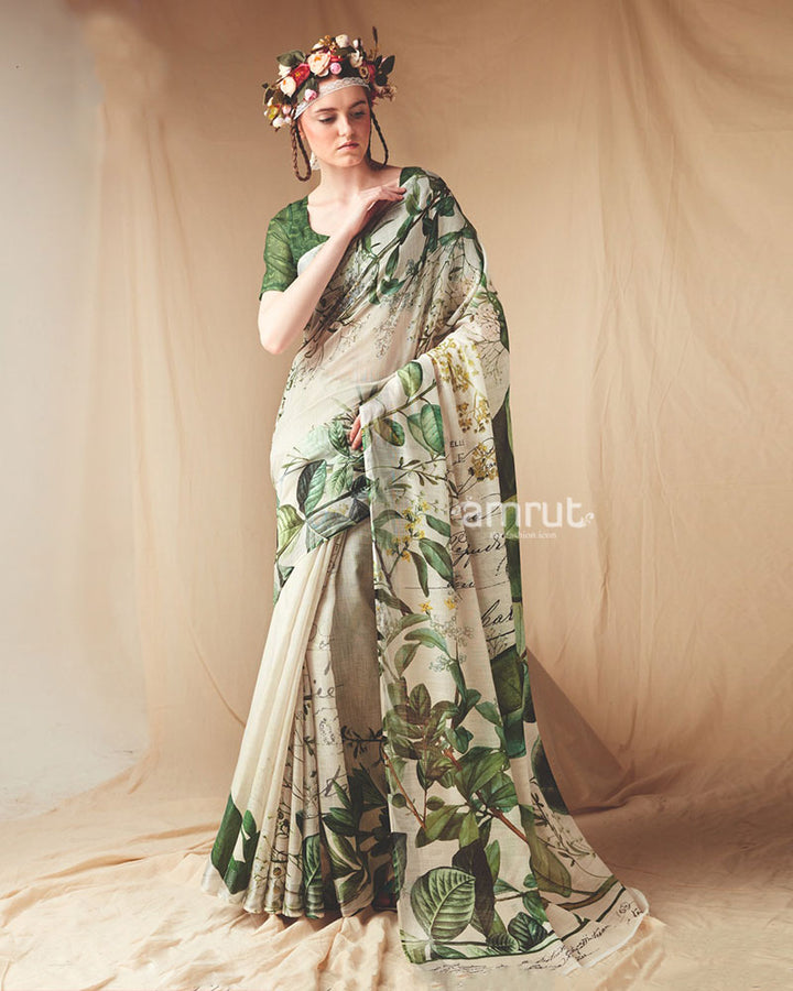 Cream and Green Floral Printed Saree with Unstitched Blouse 01
