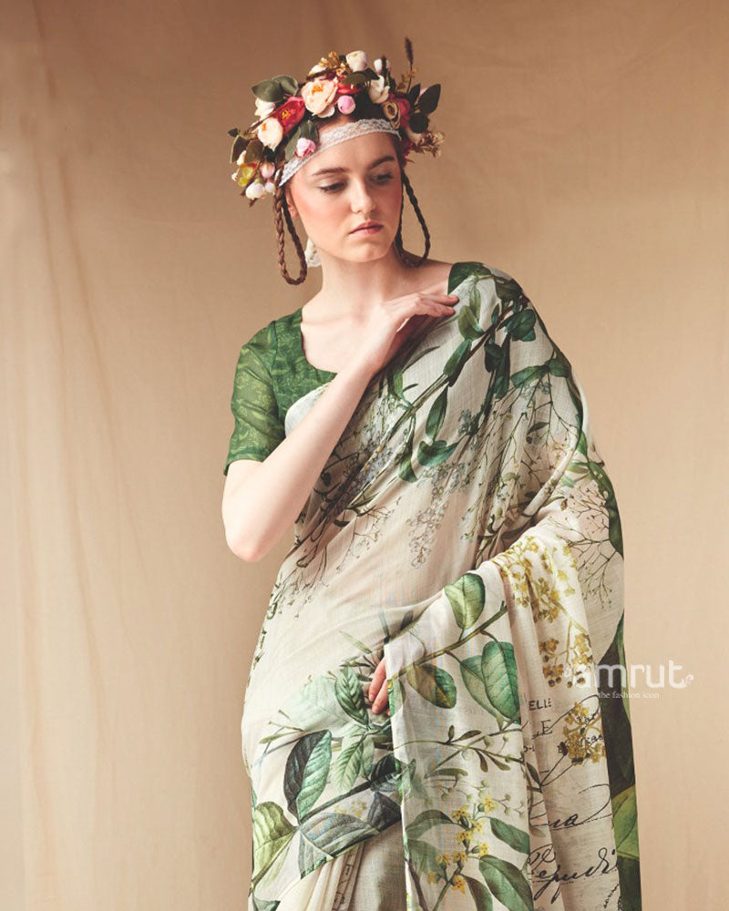 Cream and Green Floral Printed Saree with Unstitched Blouse 02