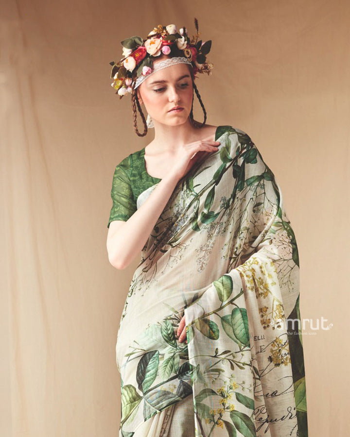 Cream and Green Floral Printed Saree with Unstitched Blouse 02