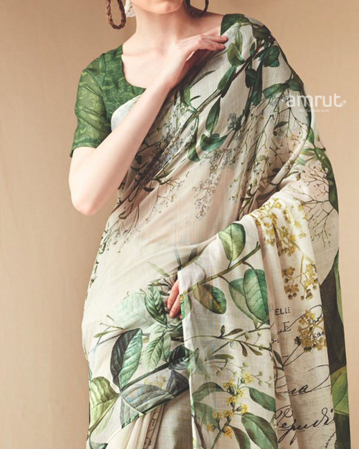 Cream and Green Floral Printed Saree with Unstitched Blouse 03
