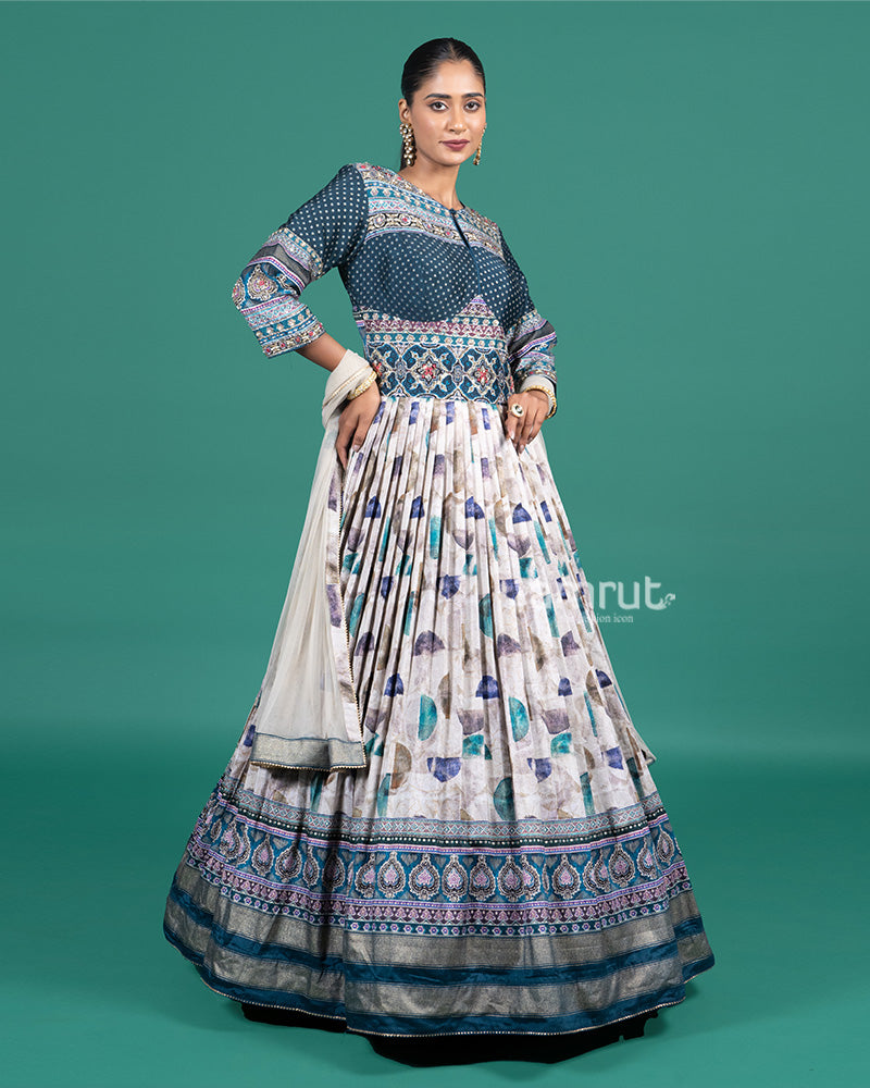 Cream and Teal Printed Gown with Embroidered Bodice and Dupatta 01