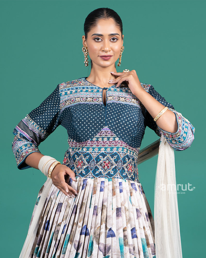 Cream and Teal Printed Gown with Embroidered Bodice and Dupatta 02