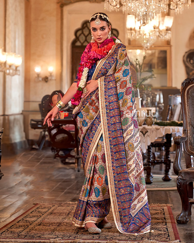 Cream with Multicolored Printed Saree and Unstitched Blouse 01