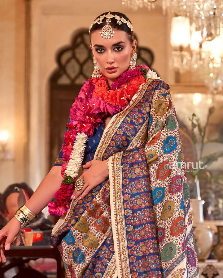 Cream with Multicolored Printed Saree and Unstitched Blouse 02
