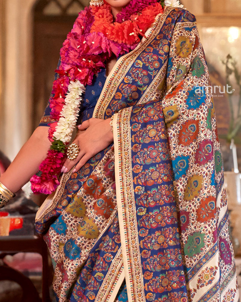 Cream with Multicolored Printed Saree and Unstitched Blouse 03