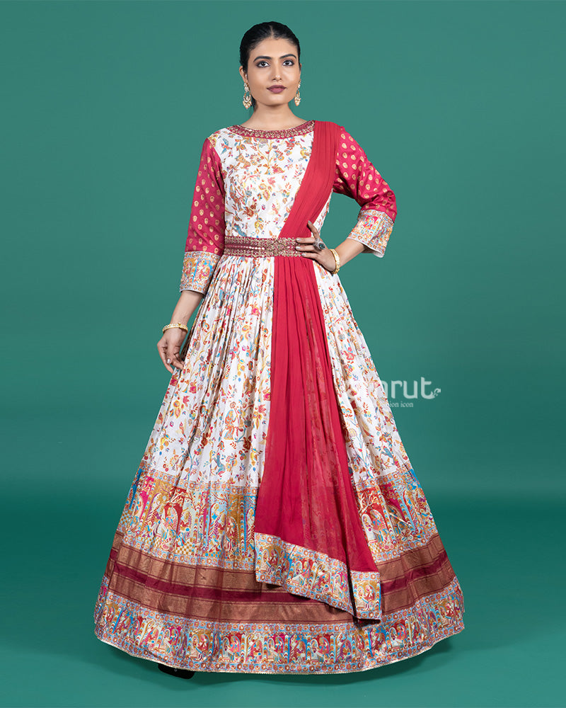 Cream with Red Printed Zari Border Ethnic Gown and Dupatta 01