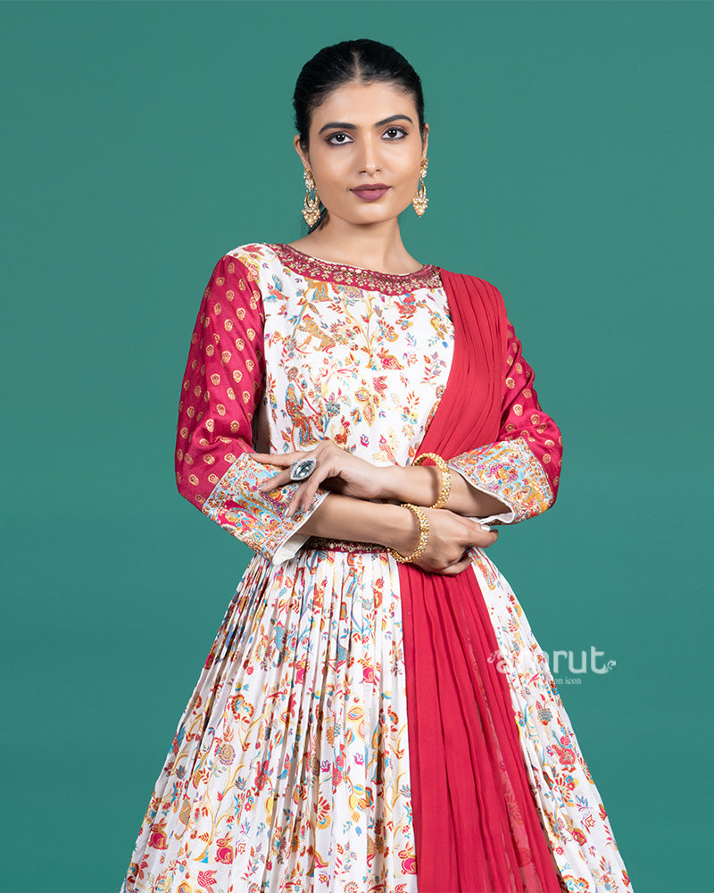 Cream with Red Printed Zari Border Ethnic Gown and Dupatta 02