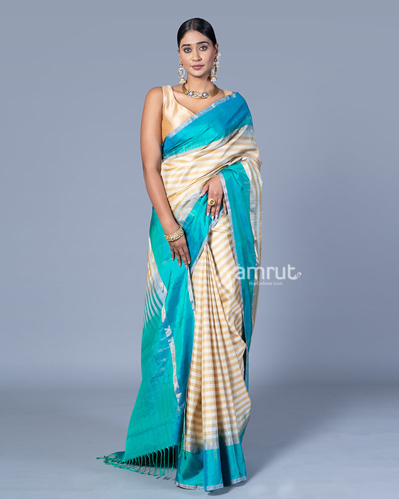 Cream with Teal Blue and Silver Stripes Saree with Unstitched Blouse 01