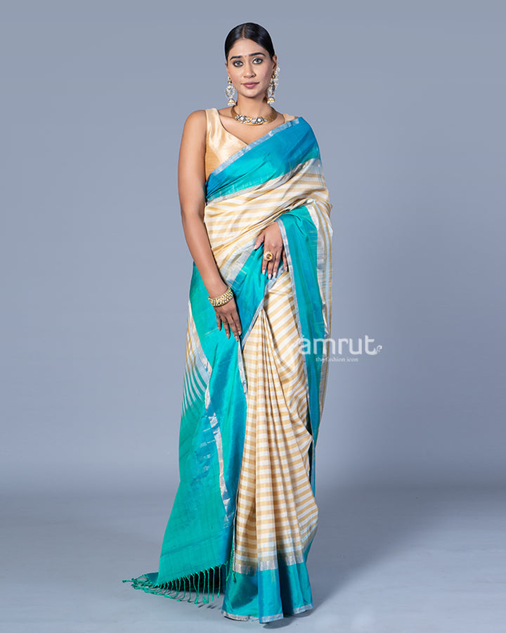 Cream with Teal Blue and Silver Stripes Saree with Unstitched Blouse 01