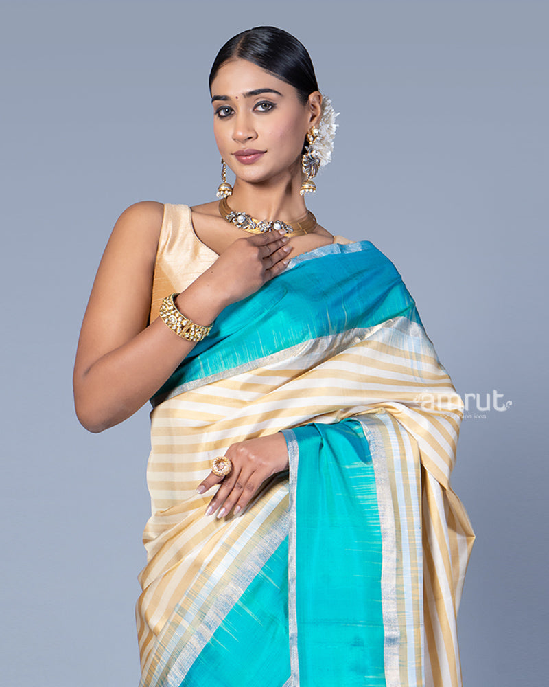 Cream with Teal Blue and Silver Stripes Saree with Unstitched Blouse 02