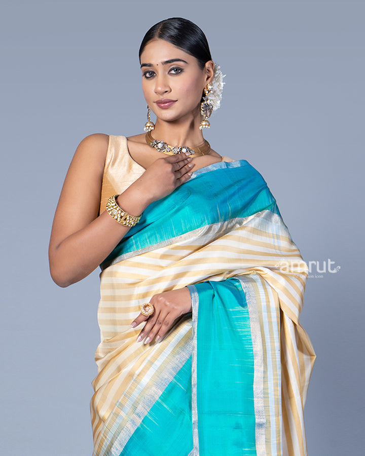 Cream with Teal Blue and Silver Stripes Saree with Unstitched Blouse 02