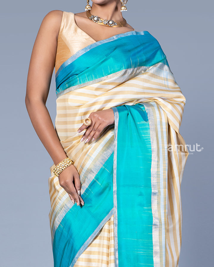 Cream with Teal Blue and Silver Stripes Saree with Unstitched Blouse 03