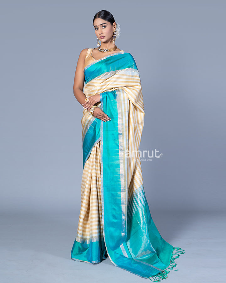 Cream with Teal Blue and Silver Stripes Saree with Unstitched Blouse 04