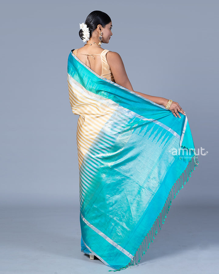 Cream with Teal Blue and Silver Stripes Saree with Unstitched Blouse 05