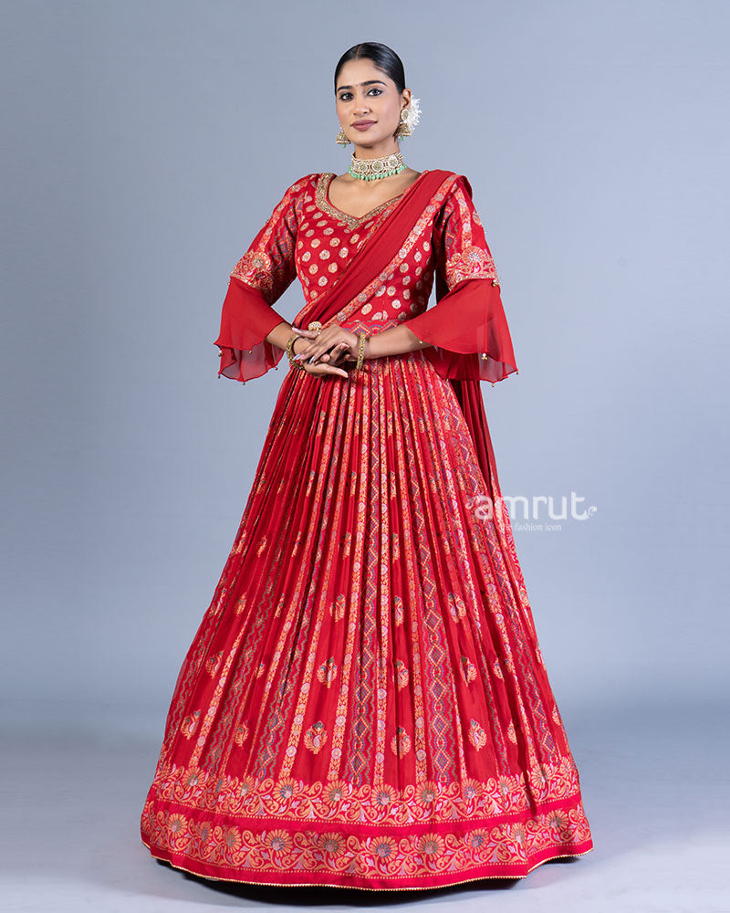 Crimson Red Embroidered Gown and Bell Sleeves with Dupatta  001