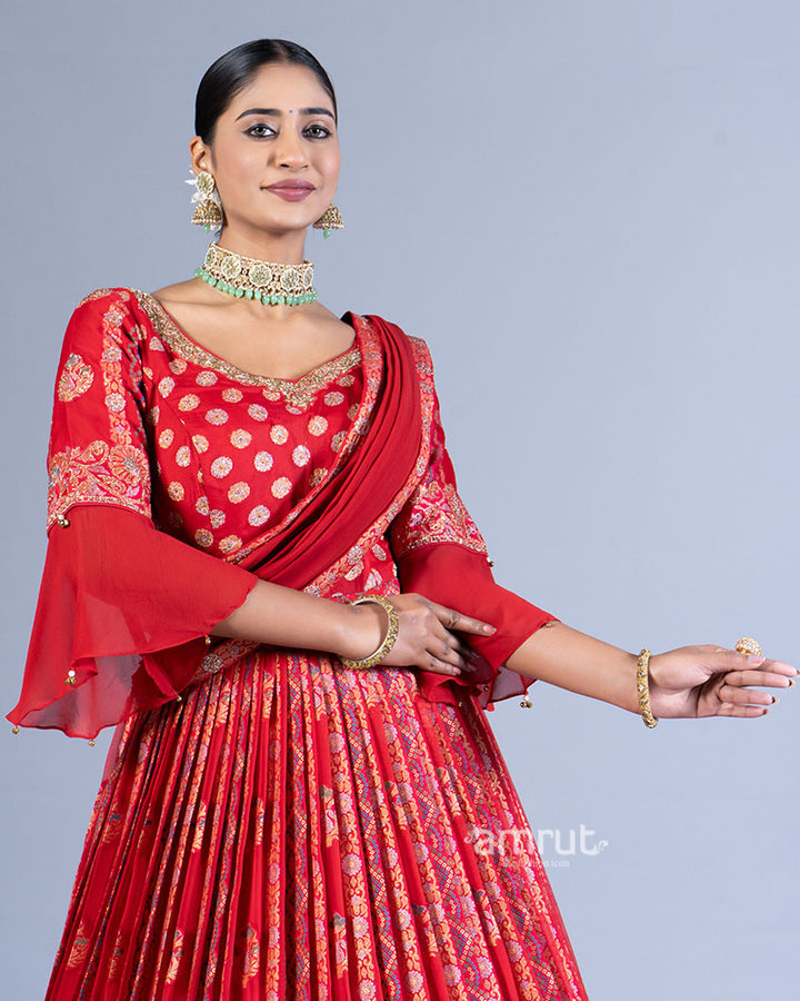 Crimson Red Embroidered Gown and Bell Sleeves with Dupatta  002