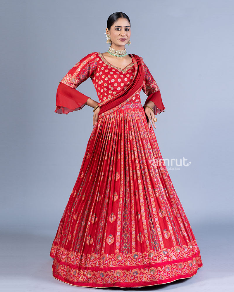 Crimson Red Embroidered Gown and Bell Sleeves with Dupatta  003