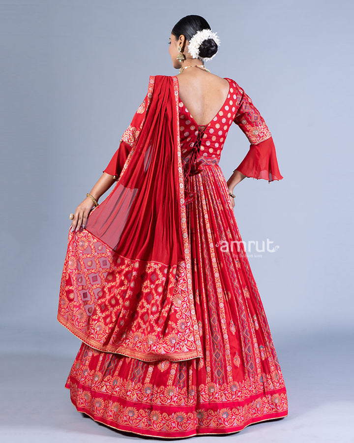 Crimson Red Embroidered Gown and Bell Sleeves with Dupatta  004