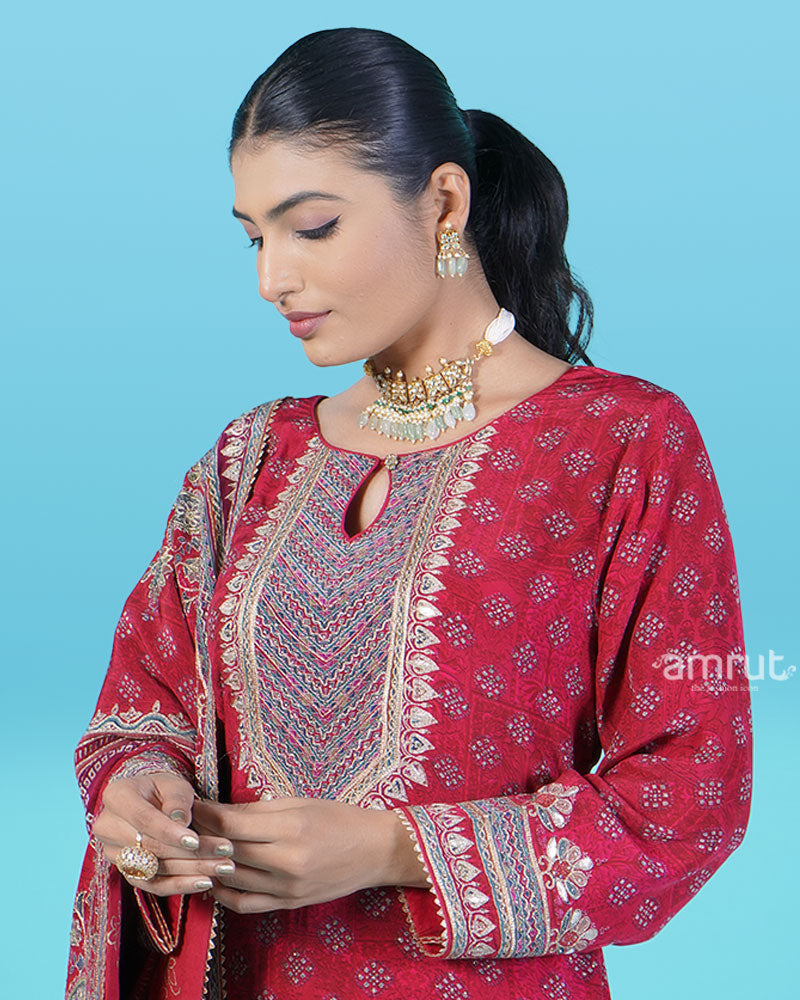 Crimson Red Printed Salwar Kameez with Dupatta 02