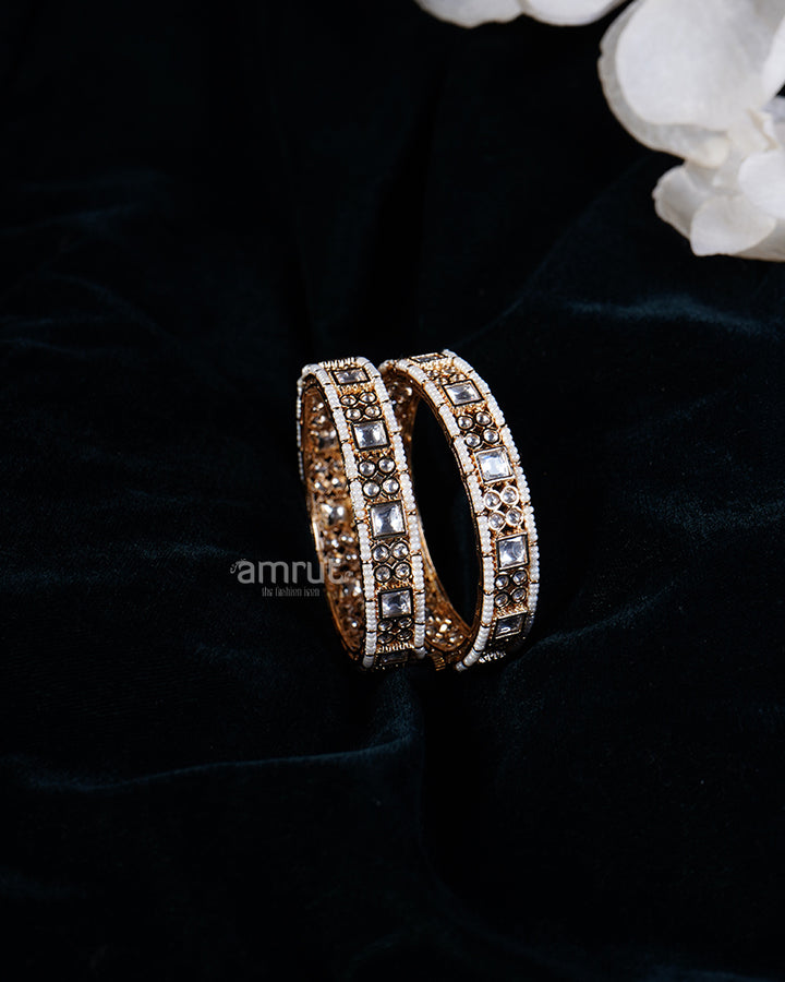 Crystal and Bead Detailing Gold-Toned Bangle Set 01