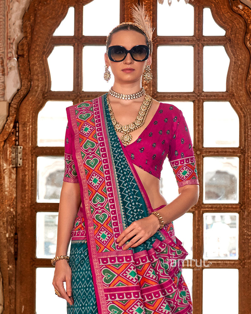 Cyan Patola Printed Silk Saree with Unstitched Blouse 02