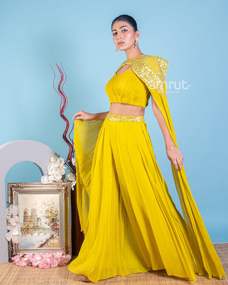 Cyber Yellow Palazzo Top Set in Georgette With Mirror Work