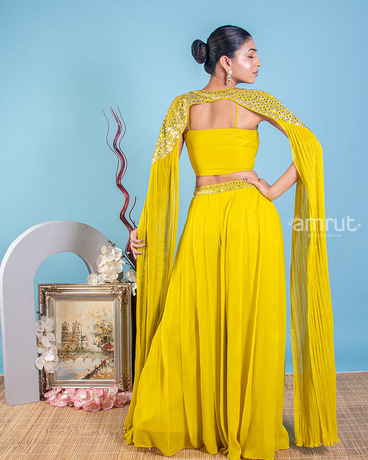 Cyber Yellow Palazzo Top Set in Georgette With Mirror Work
