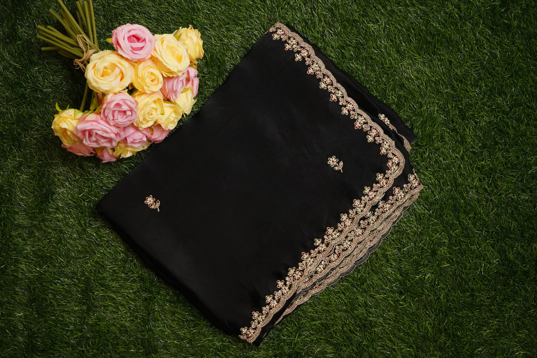 Black Pure Chinon Handwork Saree with Zardosi, Beads & Pearl Work