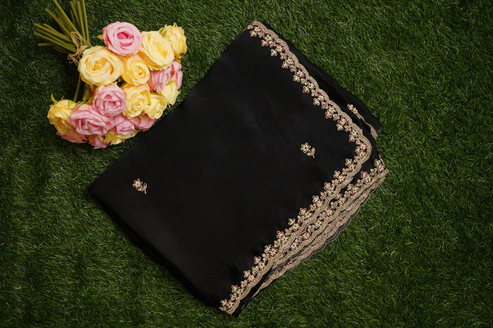 Black Pure Chinon Handwork Saree with Zardosi, Beads & Pearl Work