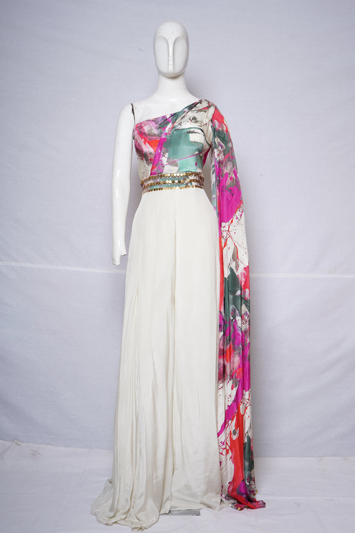 Ivory Printed One-Shoulder Indo-Western Gown