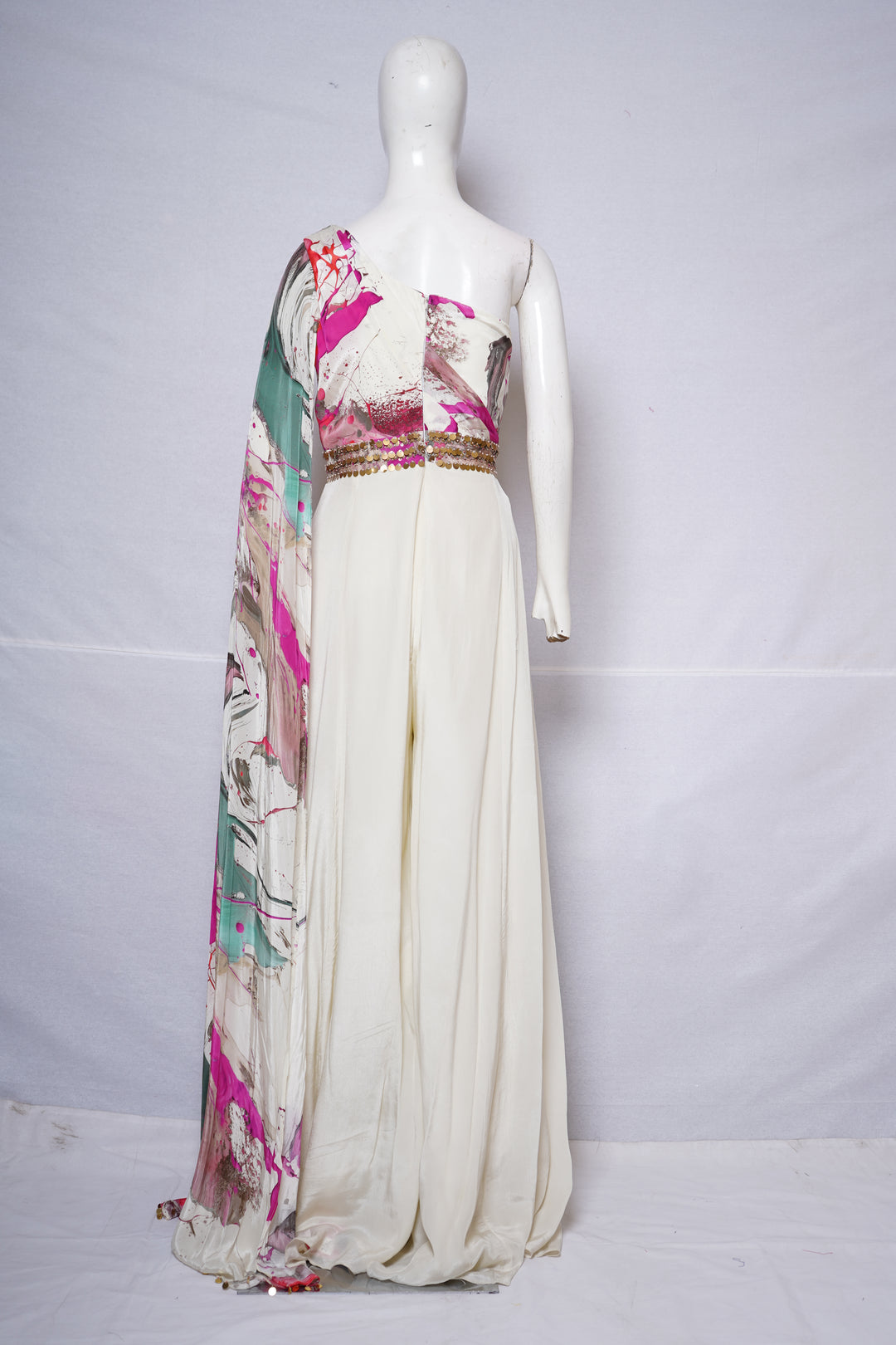 Ivory Printed One-Shoulder Indo-Western Gown