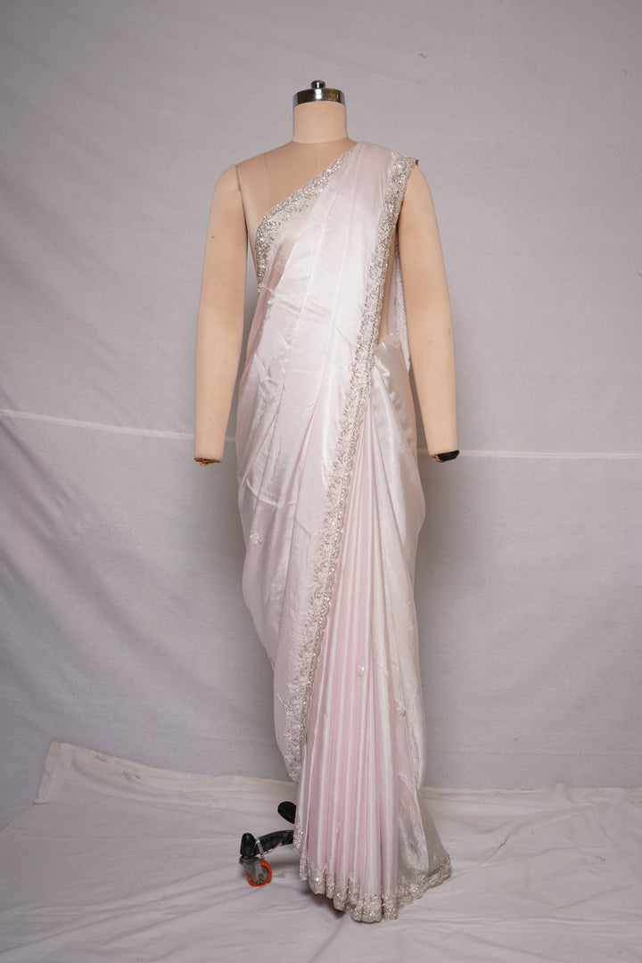 Blush Pink Hand-Embellished Designer Saree with Mirror Work Border