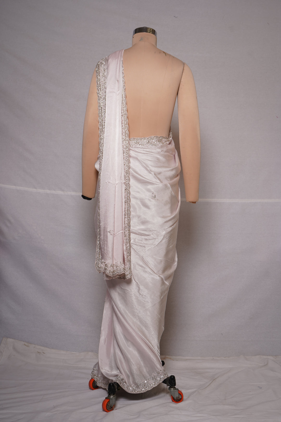 Blush Pink Hand-Embellished Designer Saree with Mirror Work Border