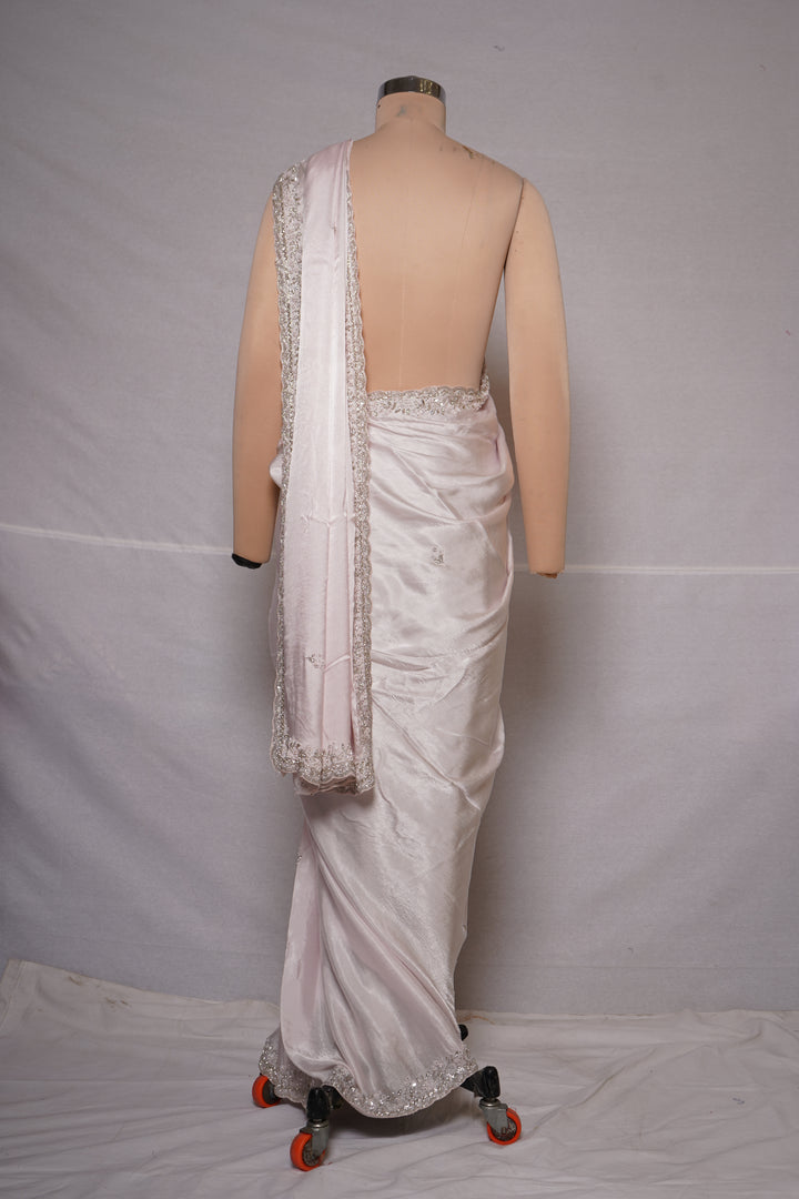 Blush Pink Hand-Embellished Designer Saree with Mirror Work Border