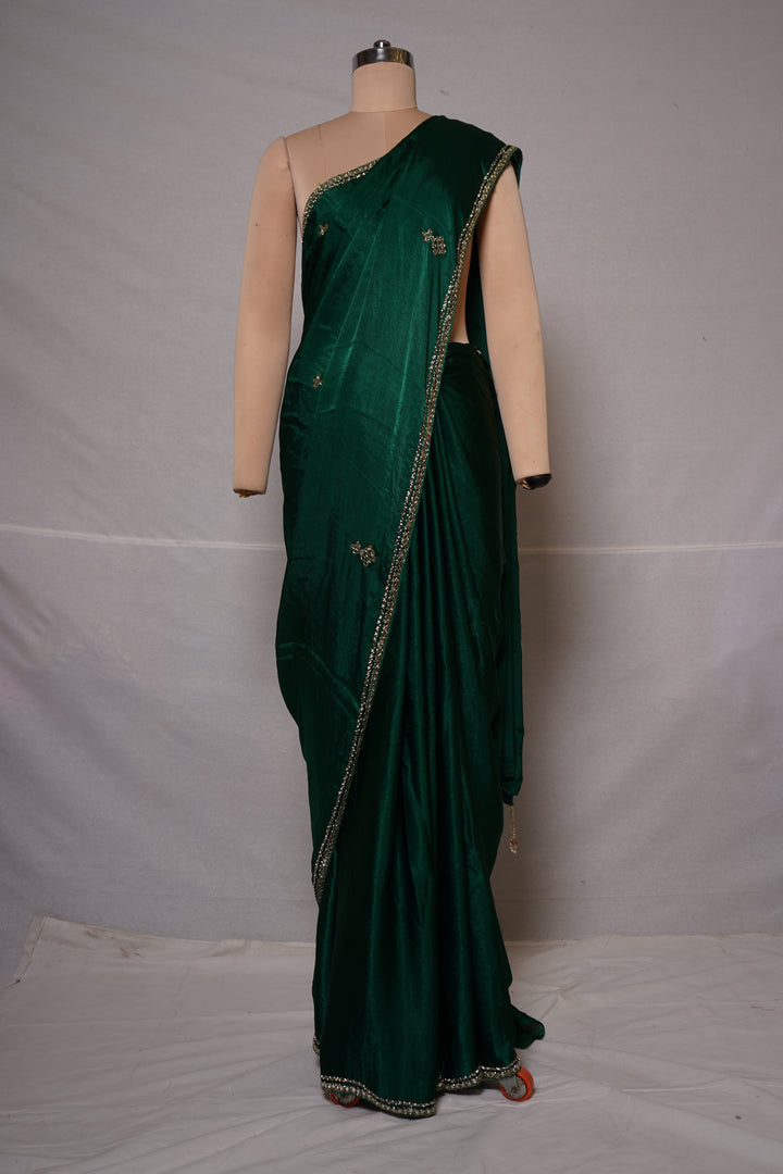 Emerald Green Hand-Embellished Designer Saree with Mirror Work Blouse
