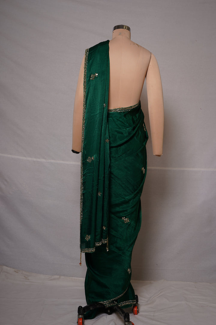 Emerald Green Hand-Embellished Designer Saree with Mirror Work Blouse