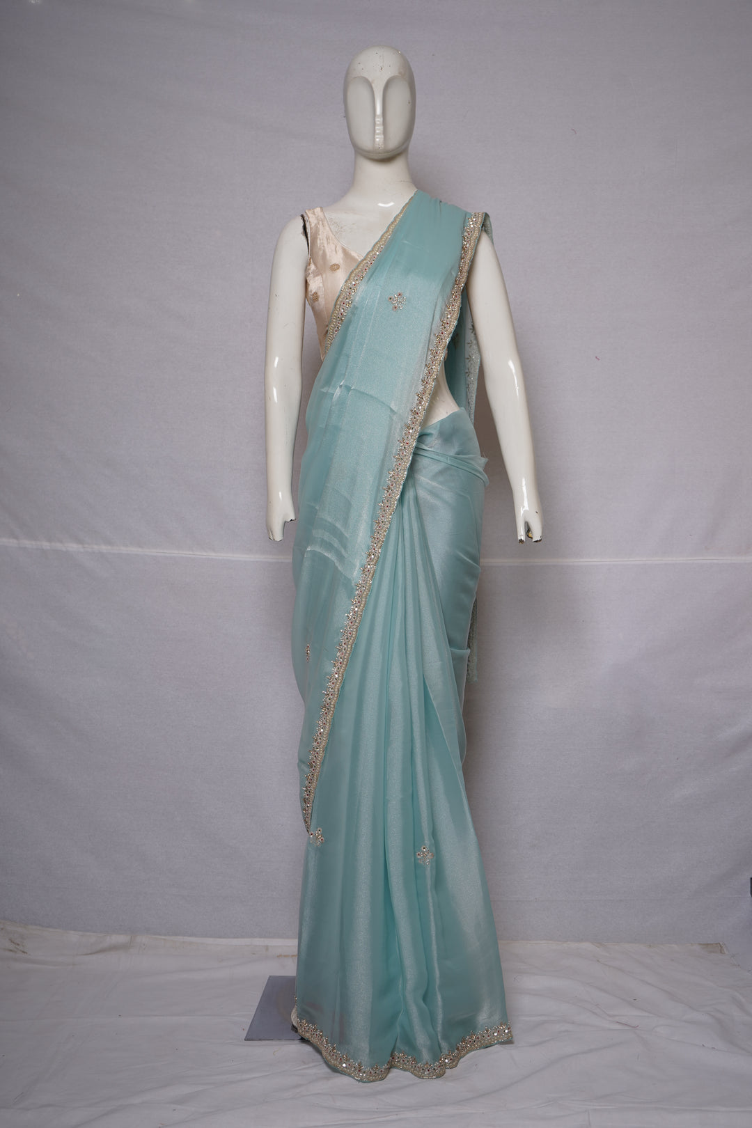 Sky Blue Hand-Embellished Designer Saree with Mirror Work Blouse