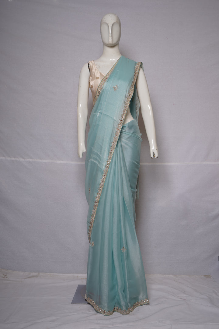 Sky Blue Hand-Embellished Designer Saree with Mirror Work Blouse