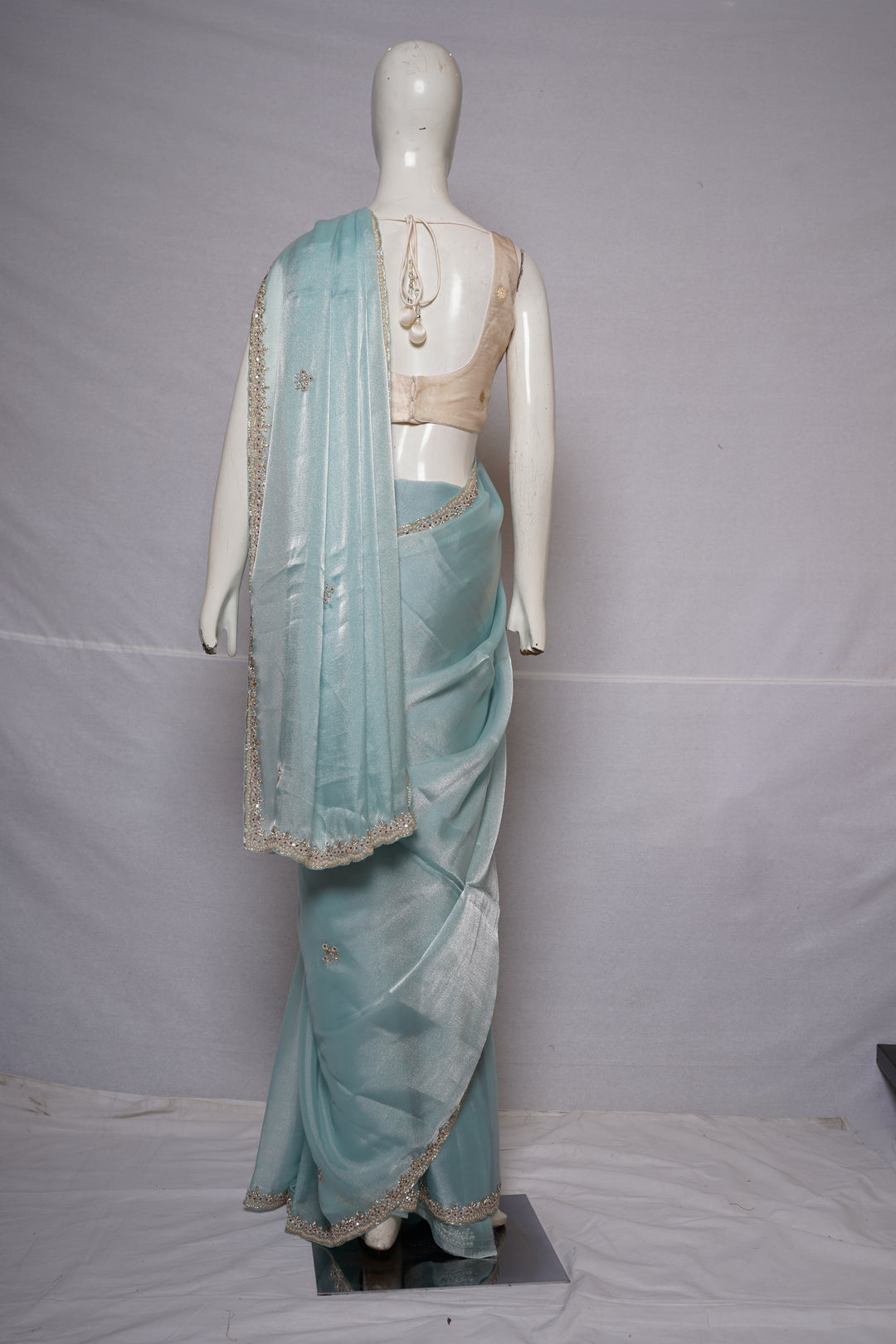 Sky Blue Hand-Embellished Designer Saree with Mirror Work Blouse