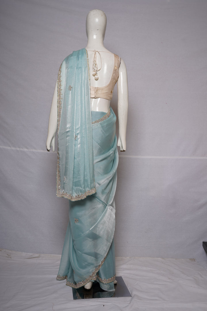 Sky Blue Hand-Embellished Designer Saree with Mirror Work Blouse