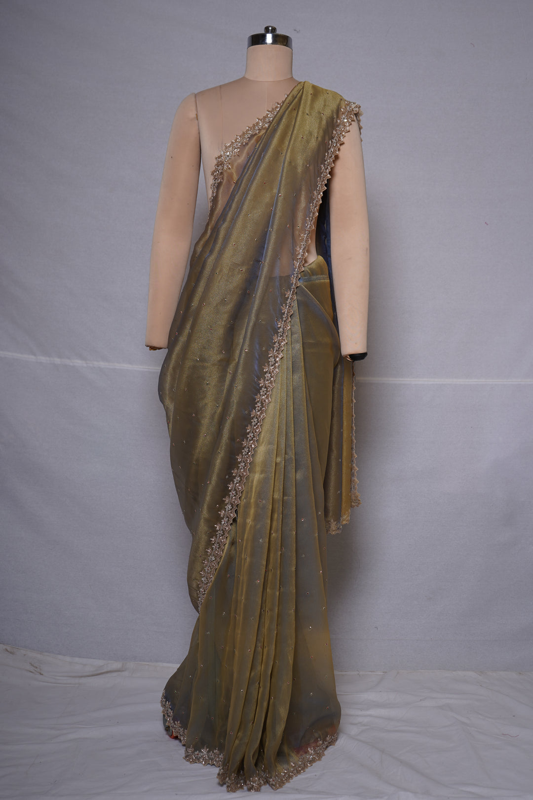 Champagne Grey Organza Saree with Hand Embroidered Border